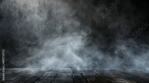 Dark and moody smoke floating above wooden floor, mysterious atmosphere for dramatic or spooky backdrop