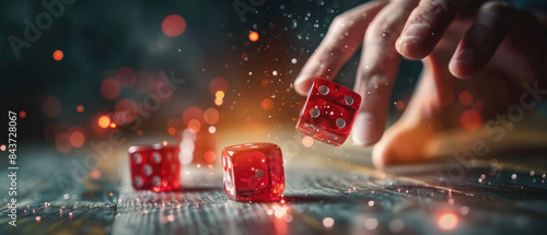 Close up of a hand rolling red dice on a wooden table, surrounded by sparkles. Captures the excitement and chance of gambling or gaming.