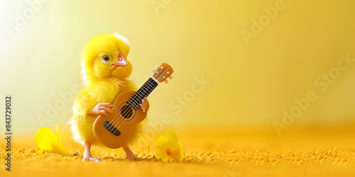 A chicken with a guitar is standing in front of a yellow wall. 
