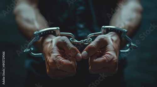 Close up of a person's hands in handcuffs, evoking themes of law enforcement, arrest, crime, and justice in a dark setting.
