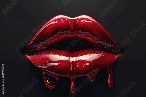 Close up of glossy red lips with blood dripping against a dark background, evoking a sense of mystery and intrigue.