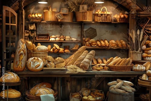 A rustic bakery storefront with shelves and baskets overflowing with fresh loaves of bread.