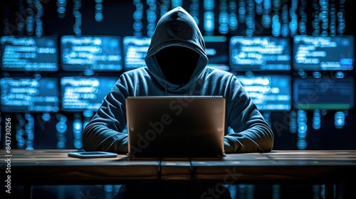 A computer hacker commits crimes in the digital world. Displaying real programming scripts codes and hacking tools. Malware concept. Hacker background.