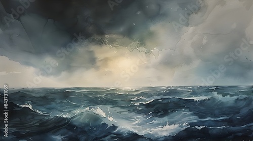 Dramatic Stormy Seascape with Crashing Ocean Waves and Moody Cloudy Sky