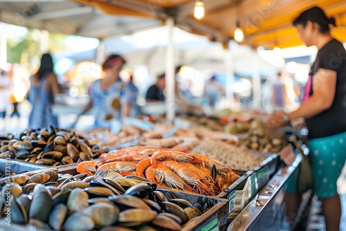 Fresh seafood on display at a bustling market, with customers browsing and vendors attending to them.