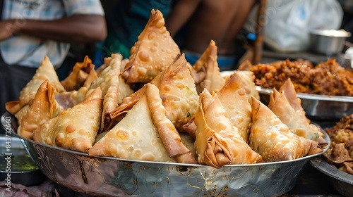 Fried samosas with vegetable filling popular Indian snacks selling on a street market Snacks on the streets Potato Samosa Snacks Vegetarian samsa or samosas Indian special traditional : Generative AI