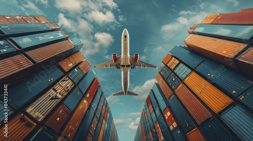 An airplane is captured in mid-flight between two rows of stacked cargo containers under a cloudy sky