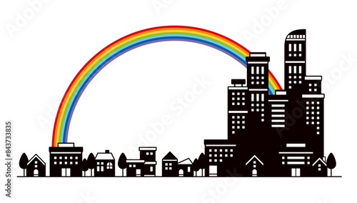 カラフルな虹とかわいい都会の街並みのシルエットのイラスト