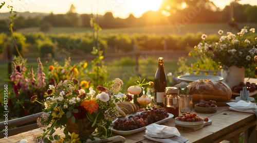 Rustic Table Setting with Floral Centerpiece and Sunset View