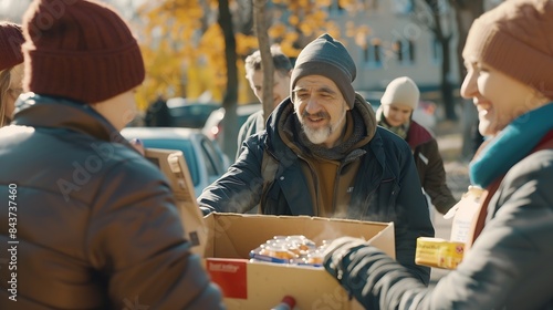 Charity wokers happily provide food donations to the poor including homeless individuals and seniors Hunger relief team distribute meal boxes and packages of canned goods with genuine : Generative AI