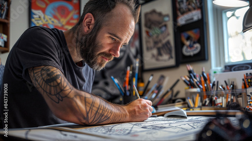 Middle-aged male comic book professional bearded man with a bald spot is seen drawing on paper while surrounded by pens and pencils in his studio. There is framed original art and artwork on the walls