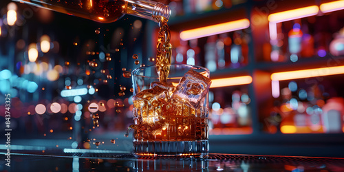  Barman pouring fresh alcoholic drink into the glasses with ice cubes on the bar counter. glass of champagne splashing out, Alcohol with ice in a glass, sparks flying around, suitable for bar scenes. 