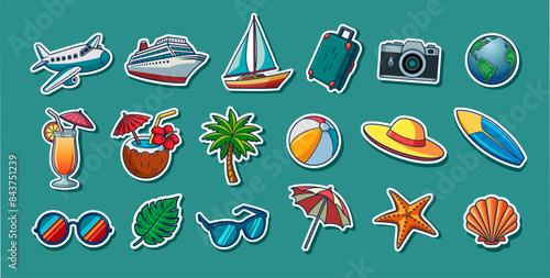 Travel illustrations stickers set. Tourism and summer vacations. Vector cartoon stickers collection. Journey and tour. Graphic elements.