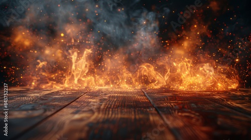Intense flames engulfing a wooden surface, with sparks and embers in a dark setting