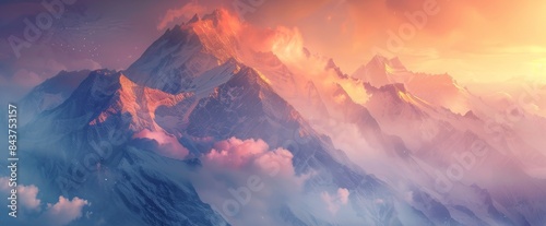 A majestic mountain range bathed in the glow of a vibrant sunrise.