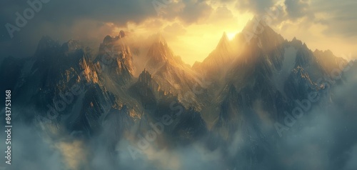A majestic mountain range bathed in the golden light of dawn.