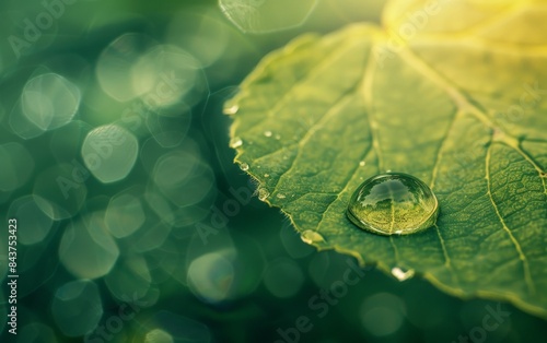 A single dewdrop rests on a green leaf, sunlight reflecting in the water. The background is blurred with green bokeh.