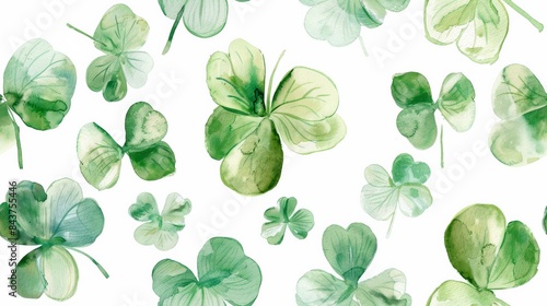 Collection of watercolor clover leaves, creating a natural green tapestry seamless pattern