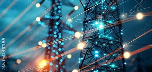 Image of a large electric pole with a digital network representing telecommunications. Blue glowing light design for a futuristic themed background