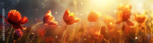Golden light shines on red poppy flowers in a field.