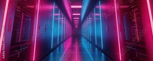 Modern data center with illuminated servers front view high performance computing futuristic