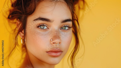 Fashionable young lady with nose jewelry on a bright yellow backdrop close shot