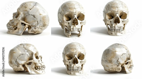 Realistic human skulls in different angles on a white background. This image captures six unique perspectives. Perfect for educational and artistic uses. High-resolution and detailed study. AI