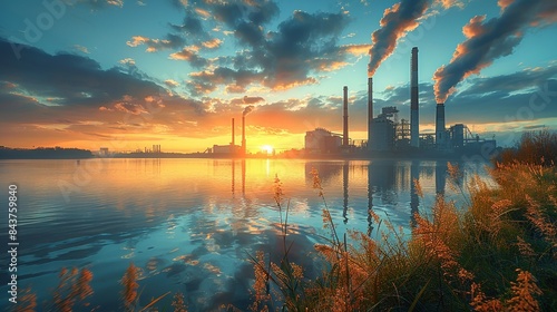A tranquil lakeside scene with reflections of towering smokestacks in the water, emphasizing the intrusion of industrial activities into natural habitats. Dramatic Photo Style,