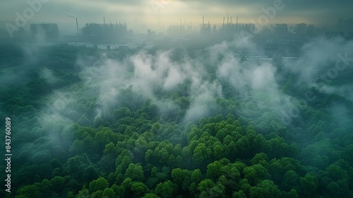 An aerial shot of a dense forest being gradually replaced by a sprawling factory town, capturing the transformation of natural landscapes into industrial zones. Dramatic Photo Style,