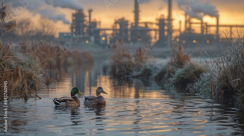 A serene pond with ducks swimming, adjacent to a factory complex discharging wastewater, highlighting the intersection of wildlife habitats and industrial pollution. Dramatic Photo Style,