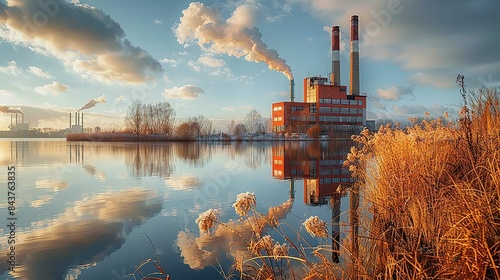 A serene lakeside scene with reflections of industrial smokestacks in the water, juxtaposing natural beauty with environmental degradation. Dramatic Photo Style,