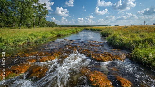 A picturesque river flowing through a countryside, tainted by the discharge of industrial wastewater, demonstrating the contrast between untouched nature and human-induced contamination. Dramatic