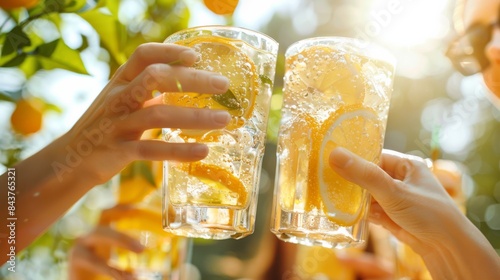 Group of friends clinking glasses of ice cold lemonade capturing the essence of summer refreshment.