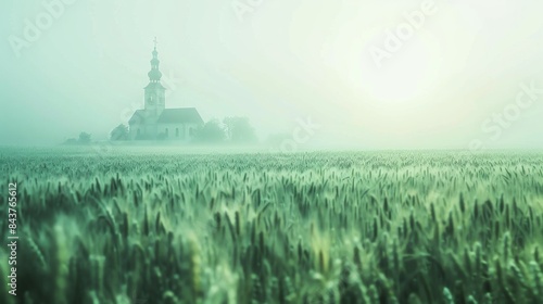 Church house with bell tower over wheat field in farm land.