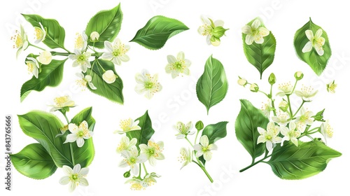 Bright and fresh jasmine flowers and green leaves isolated on white background. Perfect for botanical illustrations. Highly detailed and vibrant watercolor style image for diverse design uses. AI