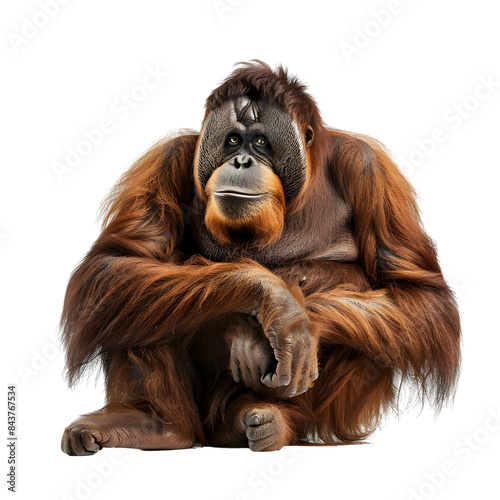 Close-up of a pensive orangutan sitting in a relaxed pose, isolated on transparency PNG background, showcasing its expressive face and lush, orange fur.