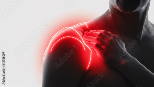 Person holding their shoulder with a glowing red area indicating shoulder pain or discomfort.
