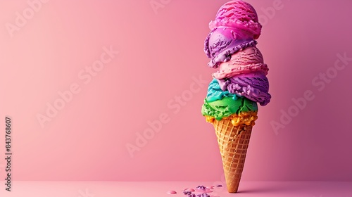 rainbow scooped ice cream cone against soft pink background