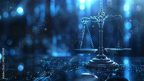 Scales of justice with a digital background