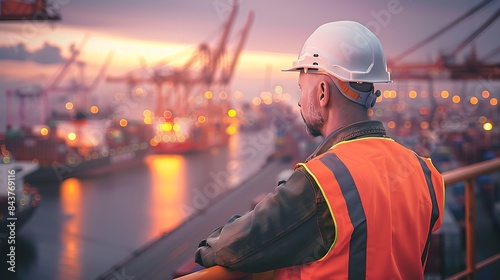 pensive dock worker in safety gear overlooking busy shipping port at twilight