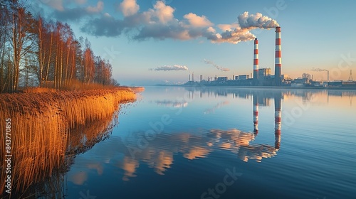 A serene lakeside scene with reflections of industrial smokestacks in the water, juxtaposing natural beauty with the visible consequences of environmental degradation from nearby factories. Dramatic