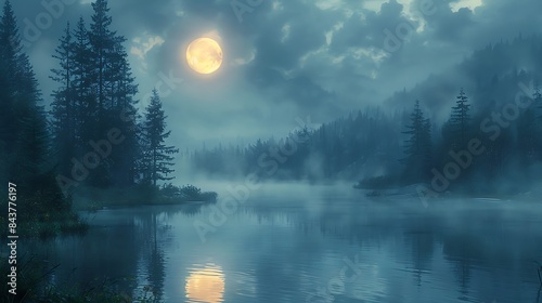 Moonlight casting a glow on a still lake
