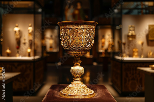 Intricate golden chalice from the Byzantine era displayed on a velvet-lined pedestal in a museum setting.. AI generated.