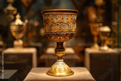 Intricate golden chalice from the Byzantine era displayed on a velvet-lined pedestal in a museum setting.. AI generated.