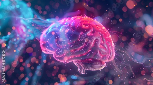 A vibrant, abstract rendering of a brain with swirling particles and colorful bokeh. Perfect for concepts of intelligence, creativity, or technology.