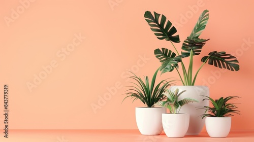 Minimalist white pots with beautiful plants on a pastel peach background, providing space at the top for text