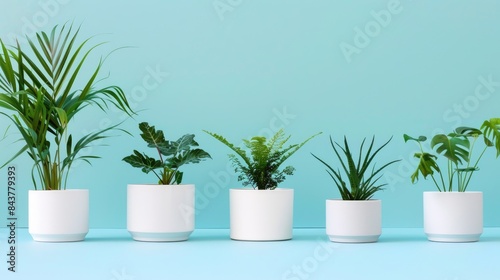Minimalist white pots with lush plants, set against a pastel blue background, providing room in the center for text.