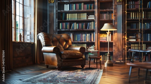 Modern reading room or library interior, with leather armchair