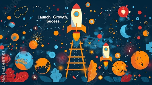 A creative representation of a startup journey with a ladder made of digital data points, each step labeled with milestones like "Launch," "Growth," and "Success." Clipart illustration style, clean,