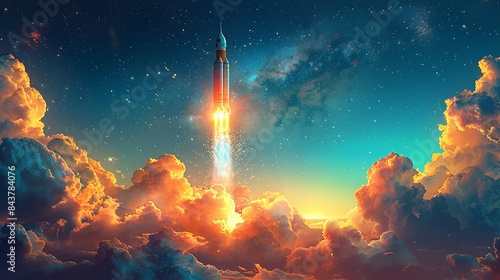A symbolic image of a rocket launching into the sky, surrounded by clouds of smoke, with a background of blue sky and stars, symbolizing a startup taking off. Clipart illustration style, clean,